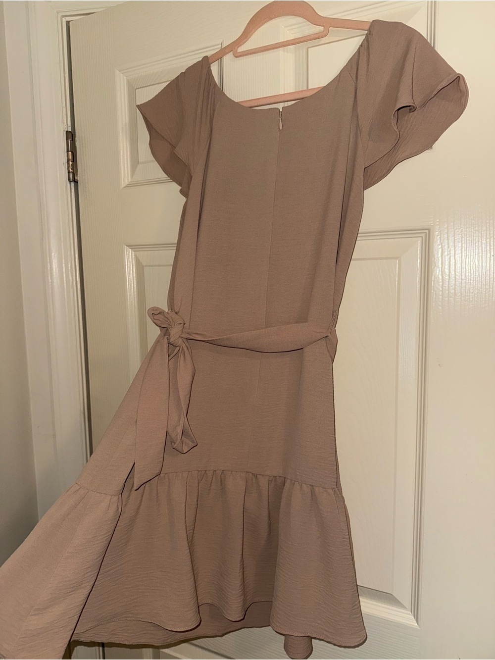 DKNY Taupe Off-Shoulder Midi Dress with Self Tie - Picture 5 of 6